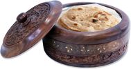 WILLART Handicraft Wooden Stainless Steel Bread Chaoati Casserole with Copper Finish Design; 1200 ml (Brown; 9 X 9 X 3.5 Inch )